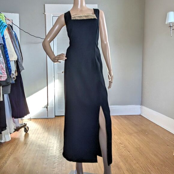 Vintage 90s Plus Size 16 Little Black Dress Midi Wiggle Slit Gold Embroidery - Picture 2 of 9